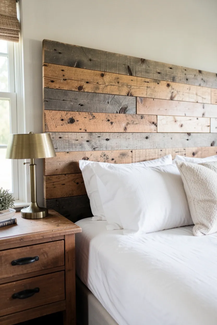 Reclaimed wood headboard with mixed plank widths and natural grain behind white linen bedding in a vintage farmhouse bedroom