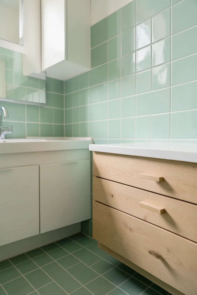 Mint green subway tiles from floor to ceiling in a small bathroom with white grout, white vanity, and natural wood accents