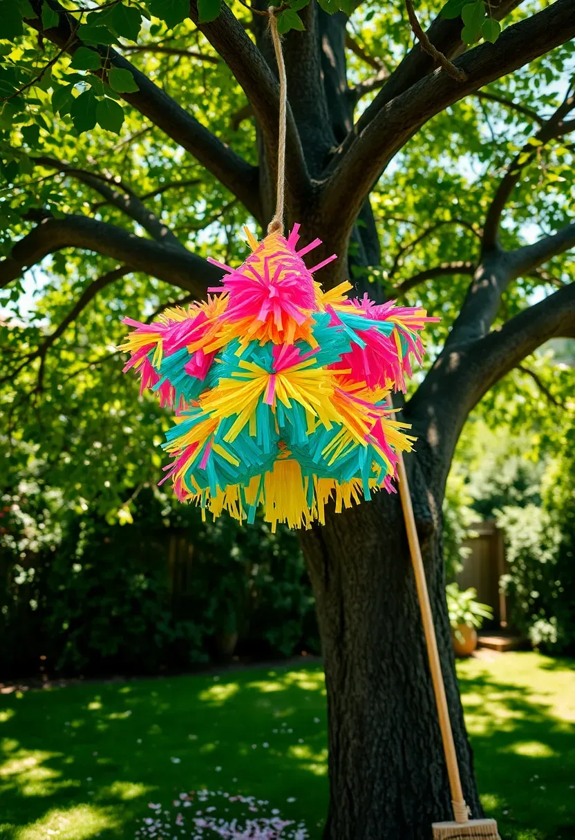 A colorful piñata shaped like a star hanging from a tree branch in a backyard with kids gathered around holding a bat