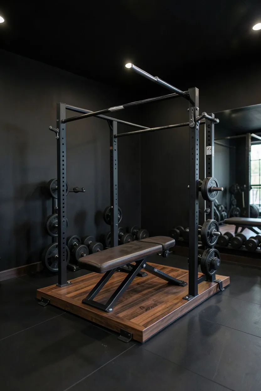 Strength training home gym with immersive matte black walls and custom walnut wood bench press platform, premium dark gym setup