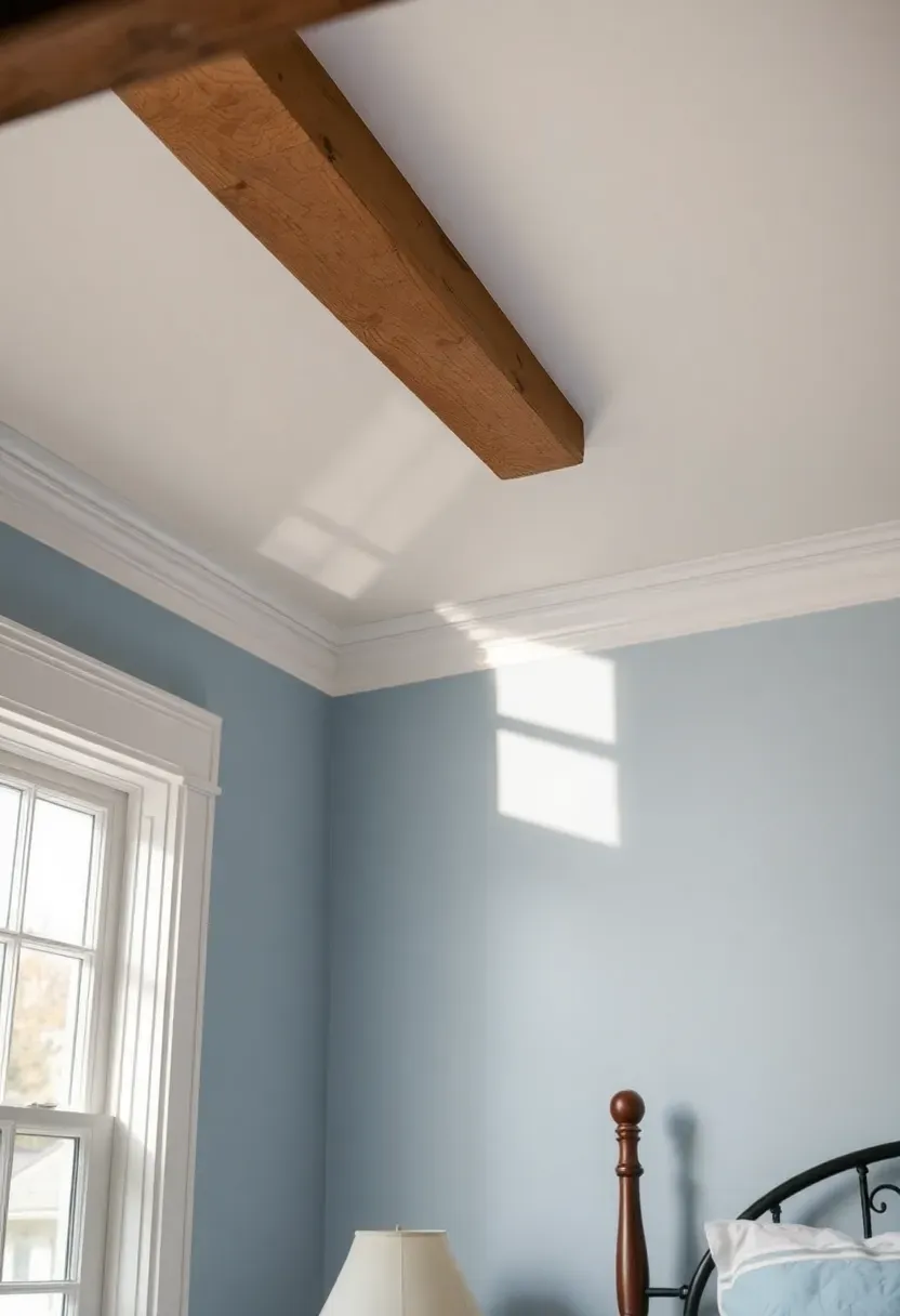 Hyper-realistic upward-angle view of a small colonial bedroom corner showing crown molding installation. Materials: white-painted crown molding with classic colonial profile, cream walls above, light blue walls below chair rail. Soft daylight from multi-pane window creating shadows that emphasize molding depth and ceiling line. Shallow depth of field showing molding detail against wall. Visible room context—exposed ceiling beam corner, glimpse of four-poster bed. Serene colonial mood like historic inn bedroom, vertical emphasis.</p>