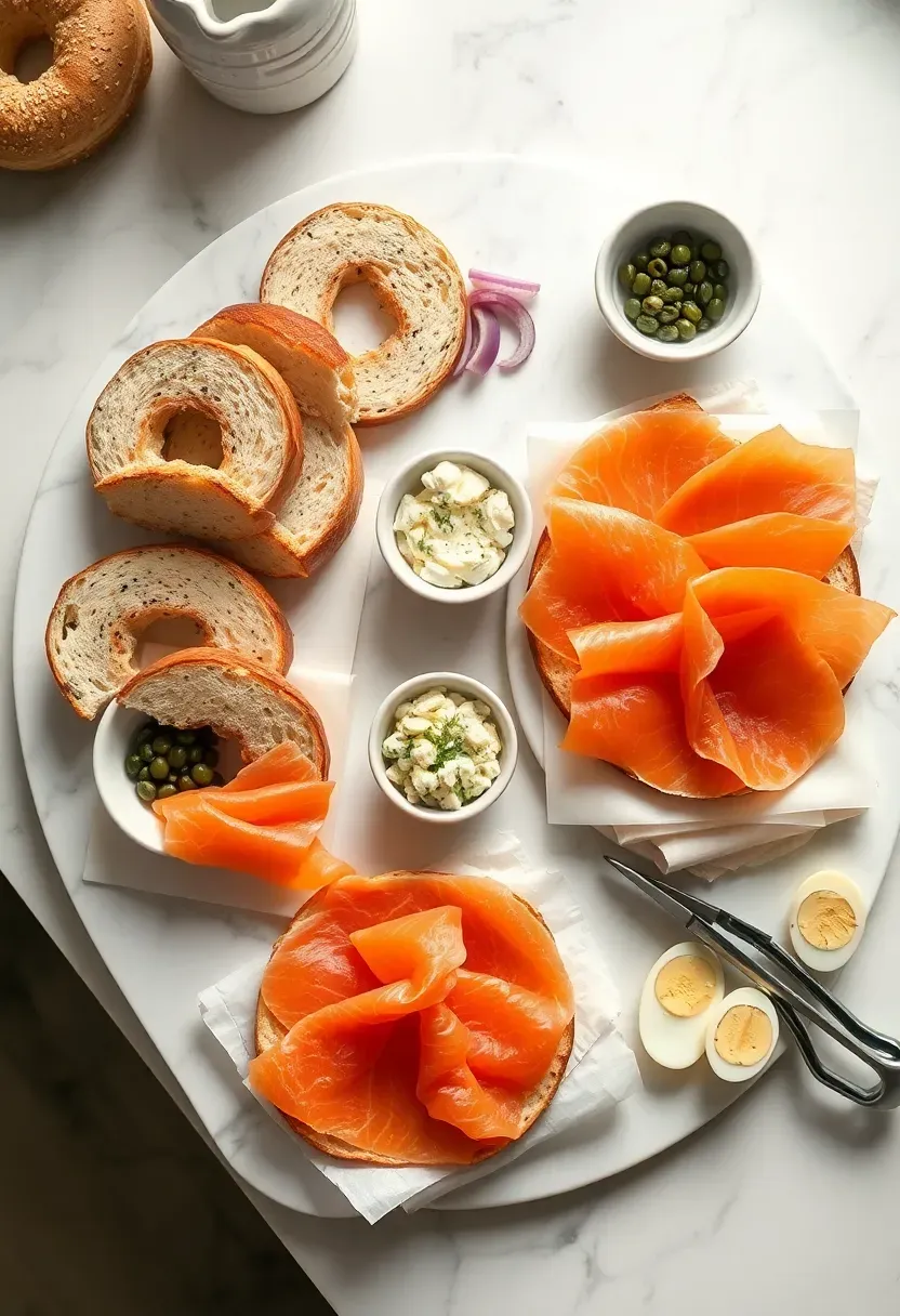 elegant bagel and lox brunch spread for baby shower with cream cheese smoked salmon capers red onion rings and everything bagels on marble serving boards