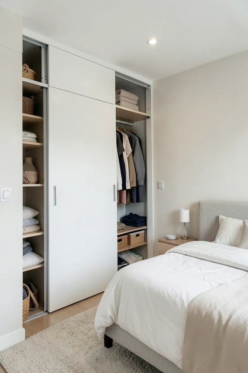 Floor-to-ceiling wardrobe with sliding mirrored doors in a narrow rental bedroom, saving swing clearance space