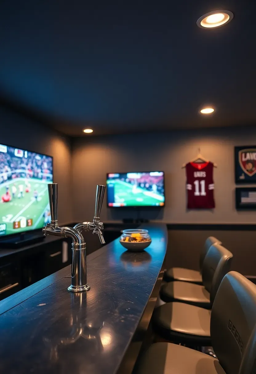 basement sports bar with large mounted TV wall bar counter with beer taps team memorabilia and stadium-style seating