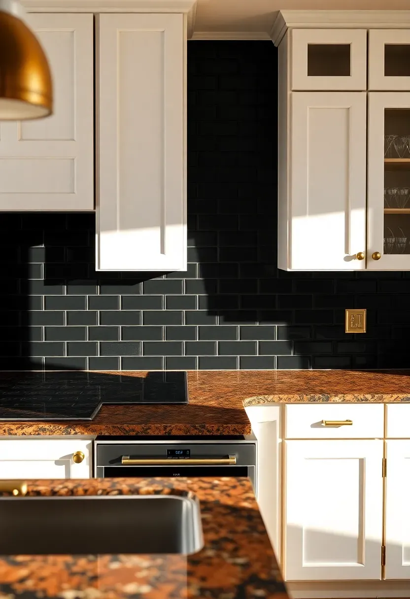 bold matte black tile backsplash creating dramatic contrast with fantasy brown granite countertops and white upper cabinets