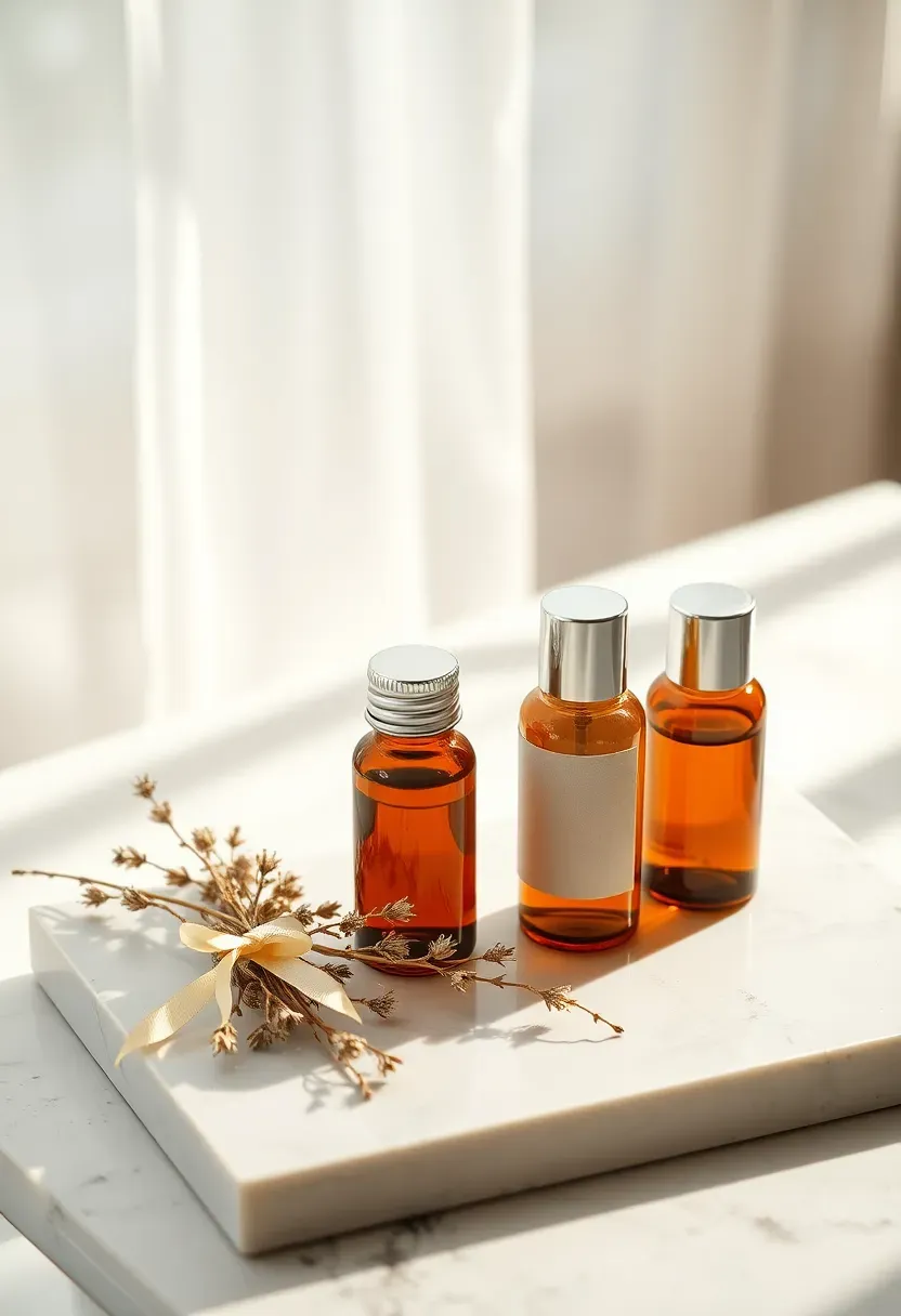 three amber glass essential oil bottles on marble tray with dried botanicals and kraft ribbon label