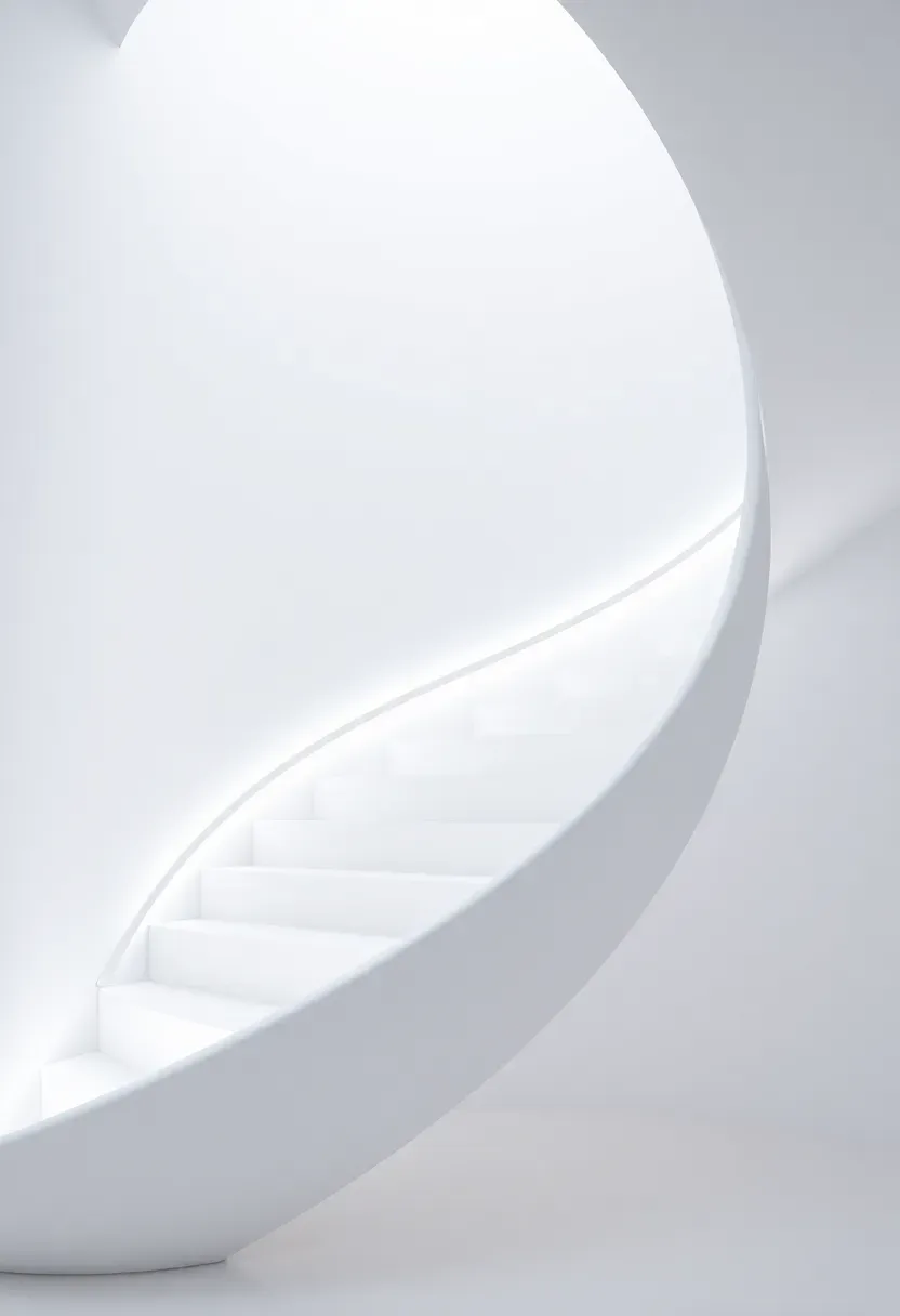 Futuristic ribbon staircase with a single continuous white polymer shell forming treads and railing in one organic flowing form with LED strip tracing the underside curve