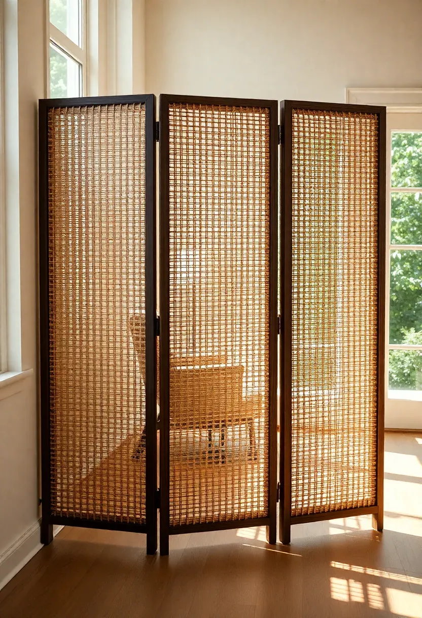 Three-panel rattan folding screen used as a room divider in a bright sunroom, partially concealing a reading nook from the main seating area