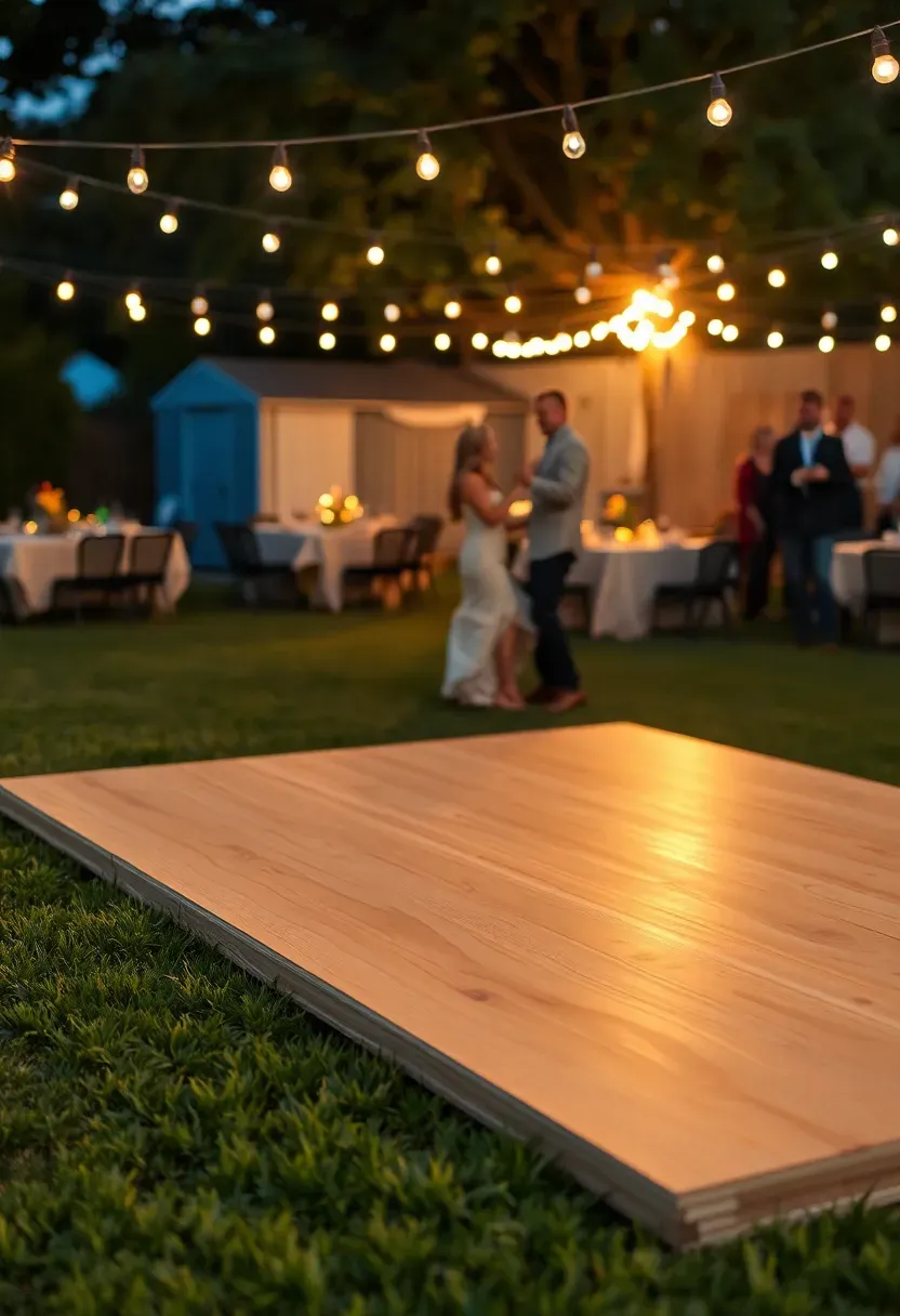 A square plywood dance floor installed on a backyard lawn with fairy lights around the edges and couples dancing at an evening outdoor wedding