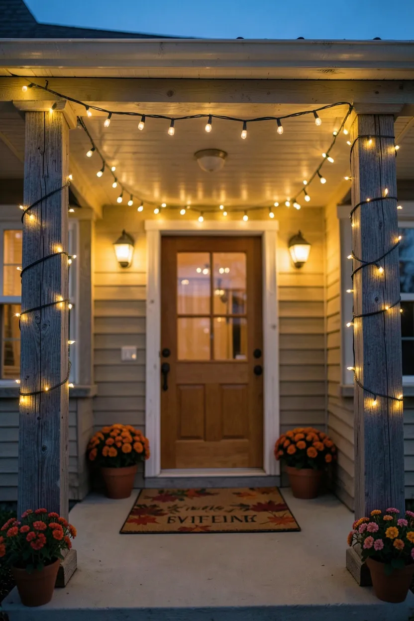 Hyper-realistic photograph of a fall front porch at dusk with warm white string lights draped across the ceiling and wrapped around porch columns. Materials: warm LED string lights, weathered wooden columns, fall-themed welcome mat, small potted mums. Soft twilight blue sky transitioning to warm porch glow, gentle shadows on the floor. Magical inviting atmosphere. Shallow depth of field, sharp details on light bulbs, balanced composition showing front door with warm illumination. No text, no logos, no watermarks.</p>