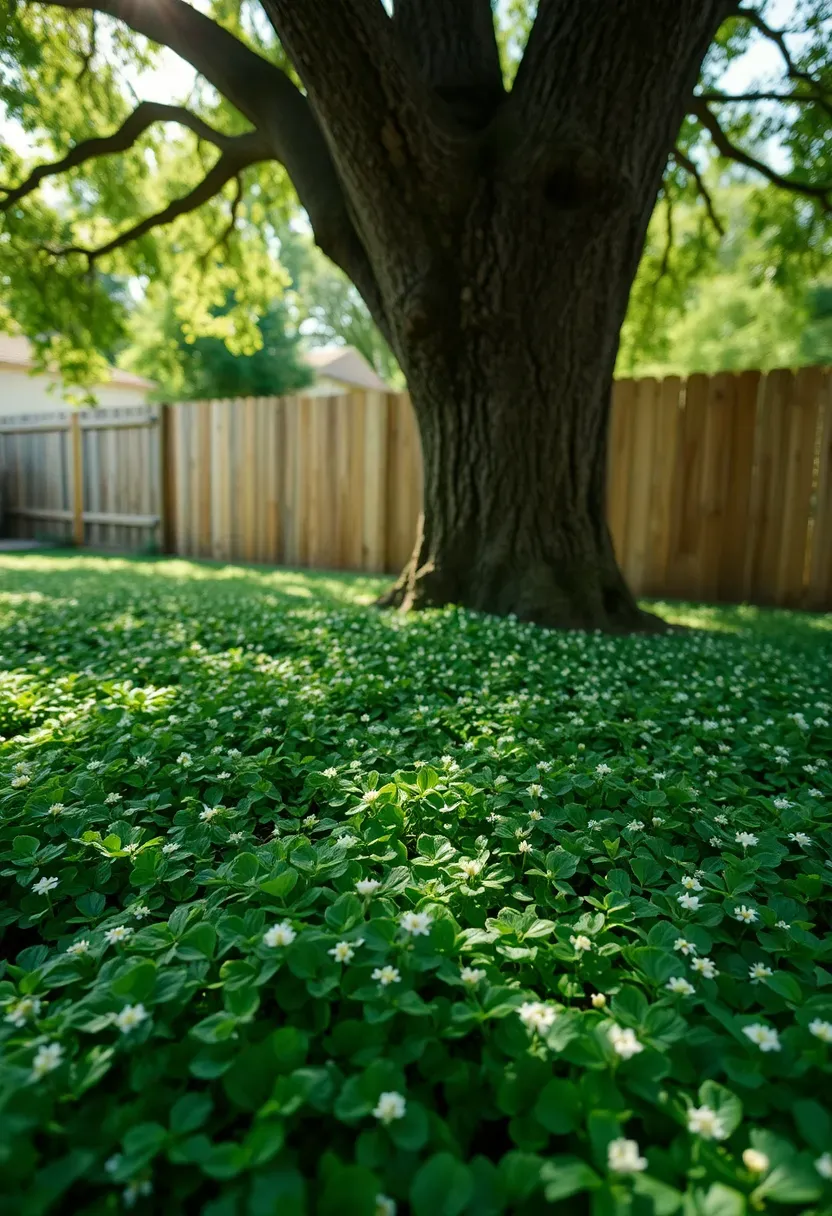 A lush green clover lawn with small white flowers covering a suburban backyard, a wooden fence in the background, and dappled shade from a mature oak tree