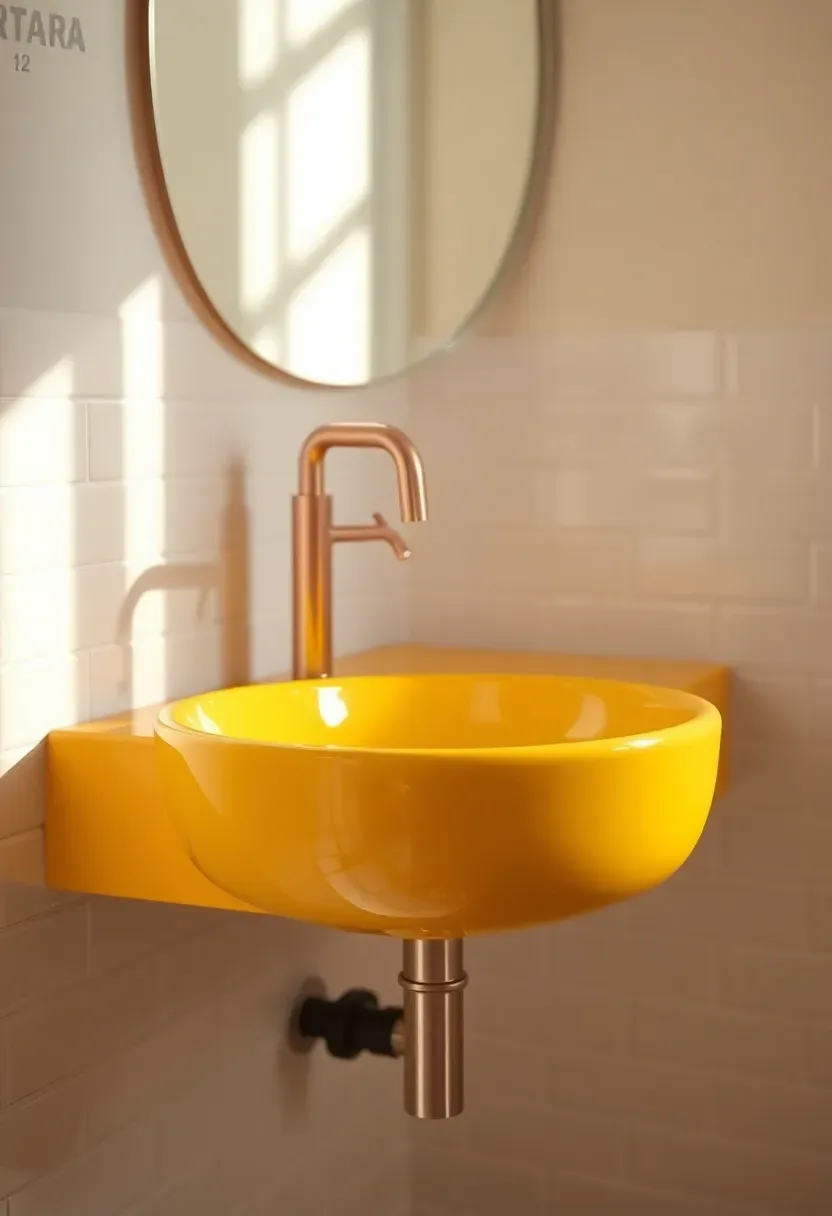 Glossy sunshine yellow floating ceramic sink with wall-mounted coral faucet in a bright playful kids' bathroom