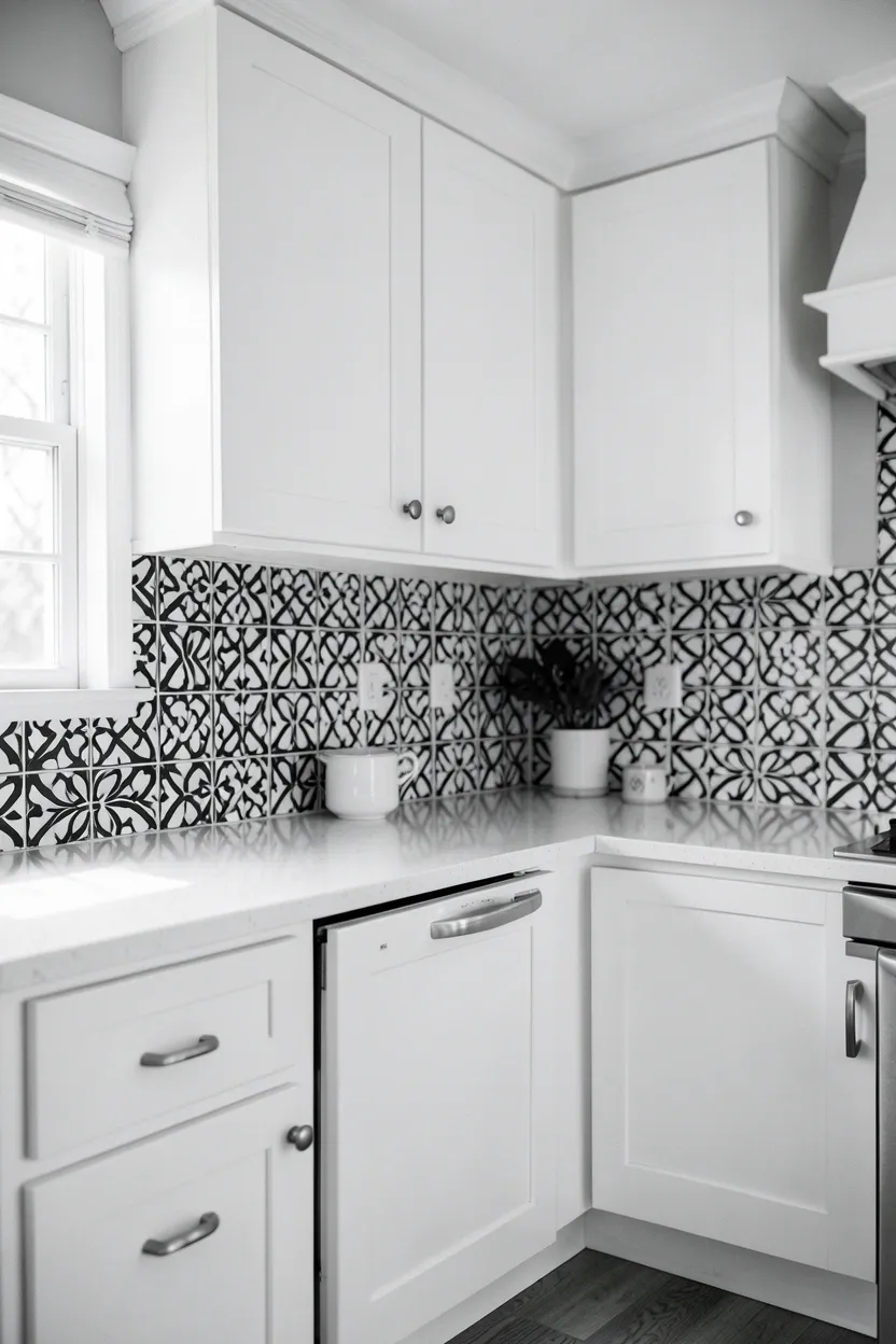 Black and white geometric wallpaper on kitchen accent wall behind open shelving, with peel-and-stick panels ideal for renters who want bold pattern