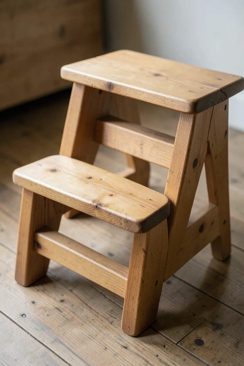 Simple oak wood step stool with visible grain beside a bathtub in a minimal wabi-sabi bathroom with stone floor