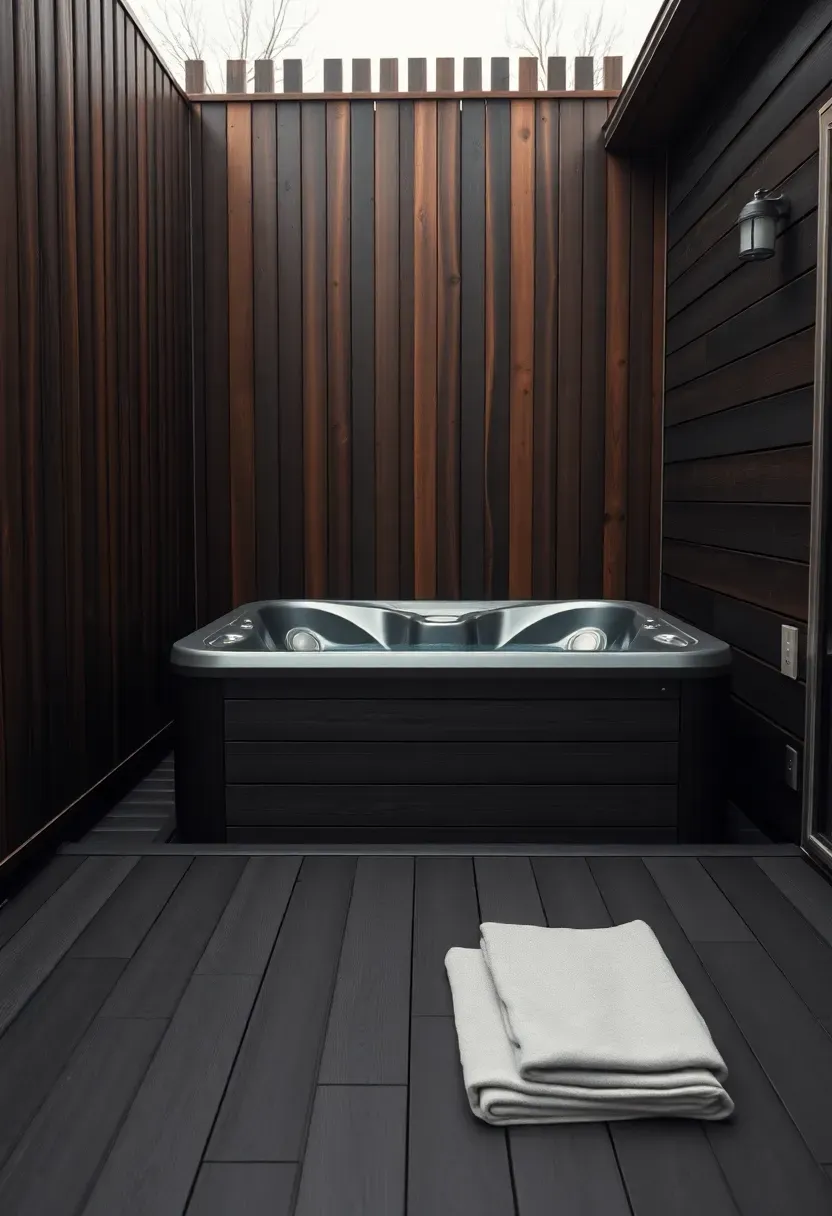 A modern horizontal slatted wood fence in dark stain with narrow gaps between boards creating privacy around a hot tub on a composite deck