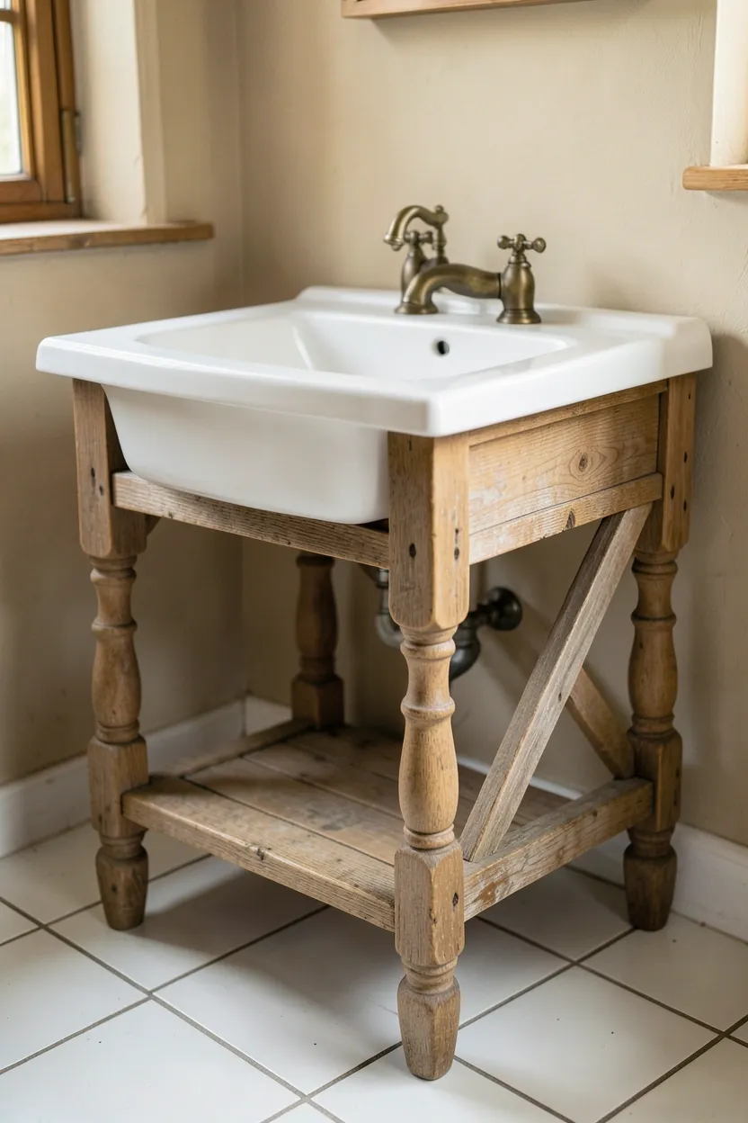 Distressed wood washbasin stand with turned legs, white porcelain sink, and exposed brass plumbing in a farmhouse bathroom