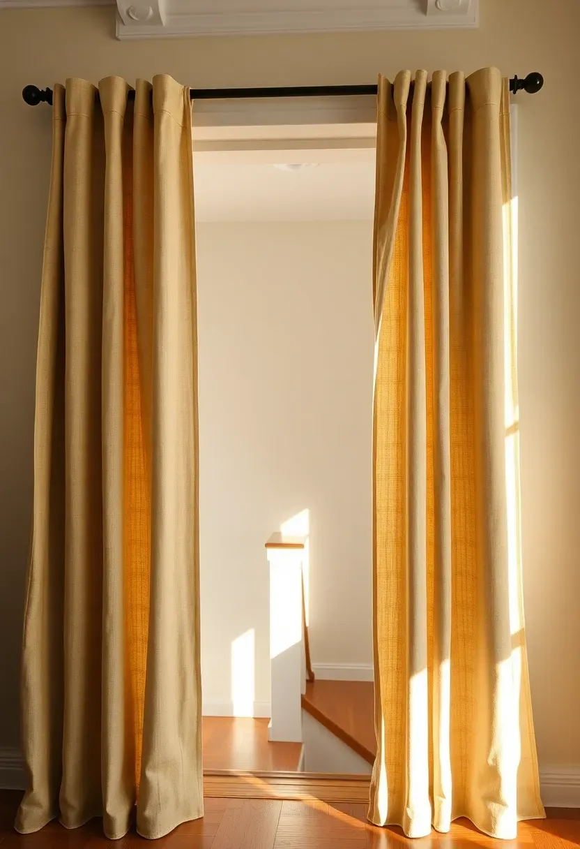 Heavy linen curtains in natural beige hung on a wrought iron rod framing an open basement stairway entrance