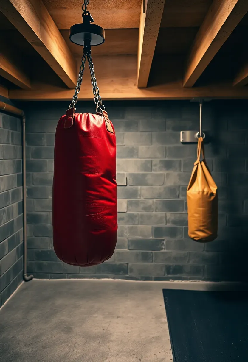 Basement boxing area with a red heavy bag hanging from a ceiling beam, speed bag platform, hand wraps on a hook, and black rubber mat below