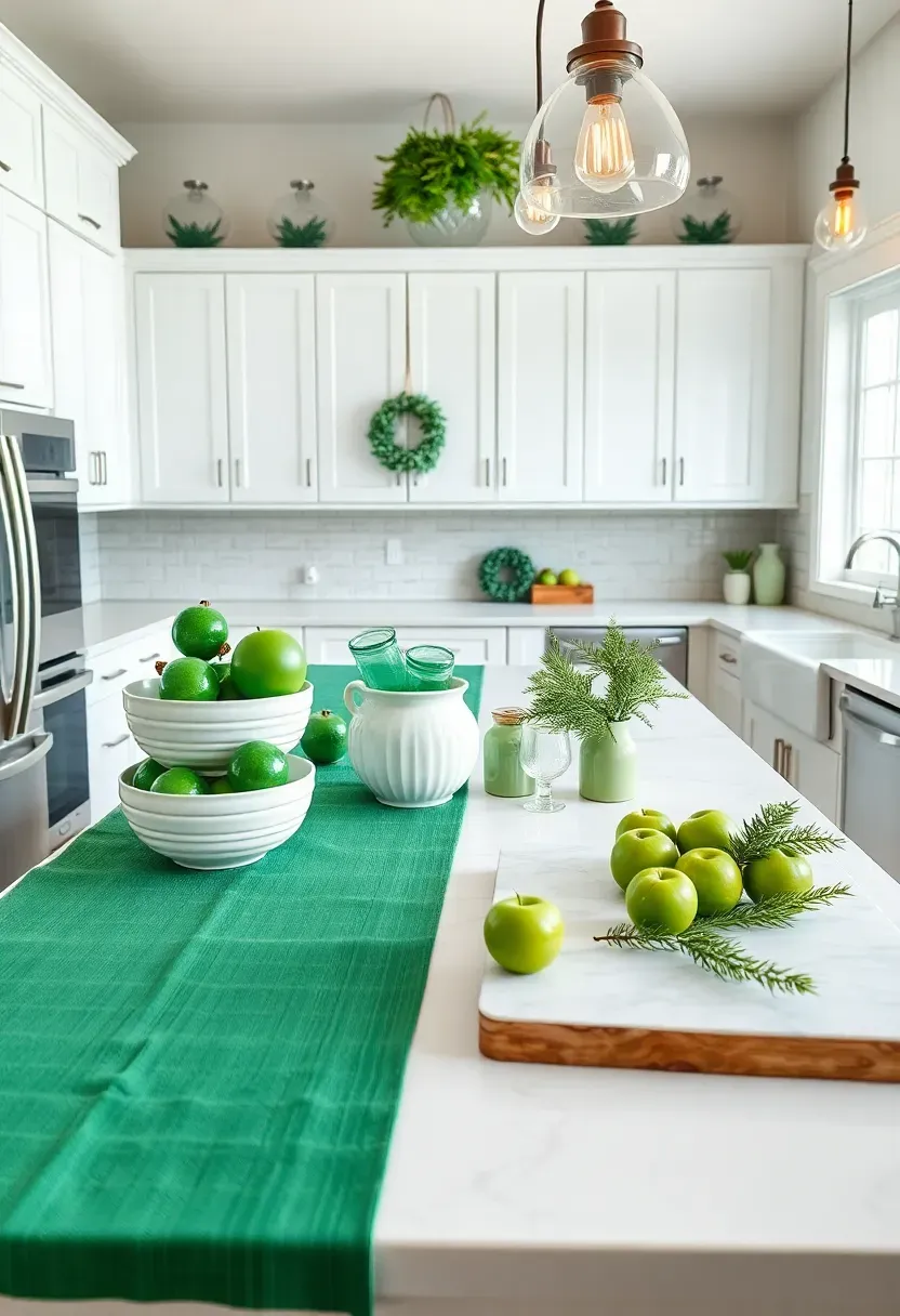 Hyper-realistic wide shot of a modern kitchen with white cabinets and quartz countertops, kitchen island featuring emerald green linen runner, white ceramic mixing bowls in various sizes stacked, glass canisters filled with bright green vintage glass ornaments, ceramic canisters in sage green, small wreath made of green eucalyptus stems hanging from cabinet handle, white marble cutting board with arrangement of green apples and pine sprigs. Stainless steel appliances, subway tile backsplash, pendant lights with warm bulbs above island, farmhouse sink partially visible. Materials: linen, glass, ceramic, wood, fresh fruit. Bright natural daylight from window creating clean crisp atmosphere, subtle shadows on countertops. Fresh festive mood. Shallow depth of island details sharp while showing full kitchen context. No text, no logos, no watermarks.</p>