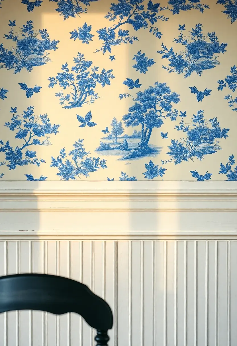 Shabby chic dining room accent wall covered in blue and white toile de Jouy wallpaper depicting pastoral scenes, with a distressed cream chair rail below