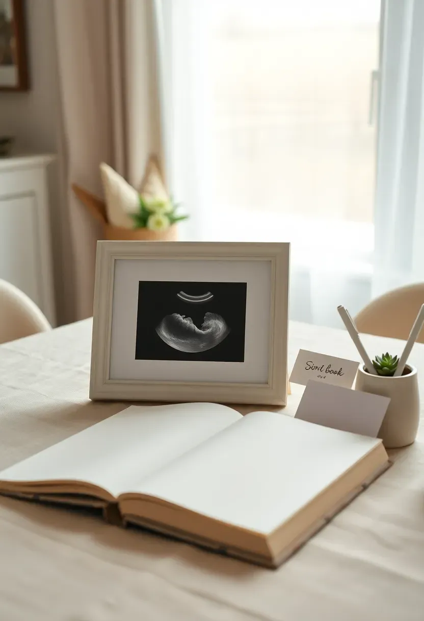 framed ultrasound image displayed next to a baby shower guestbook with a sign reading please sign our guestbook beside the first photo of baby on a linen covered table