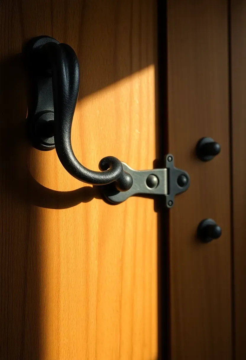 Hand-forged black iron door hardware with hammered texture on an oak craftsman door