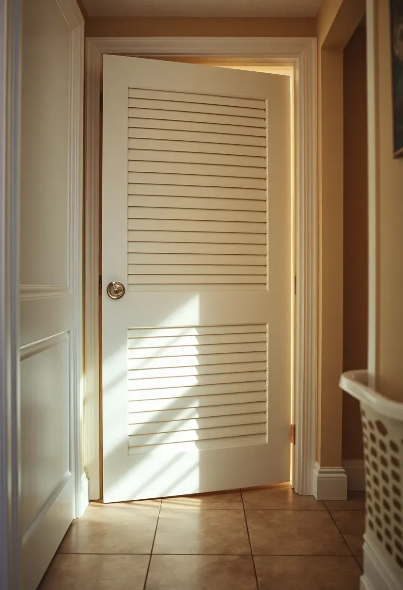 A white louvered door with angled horizontal slats at a basement utility room entrance allowing air circulation