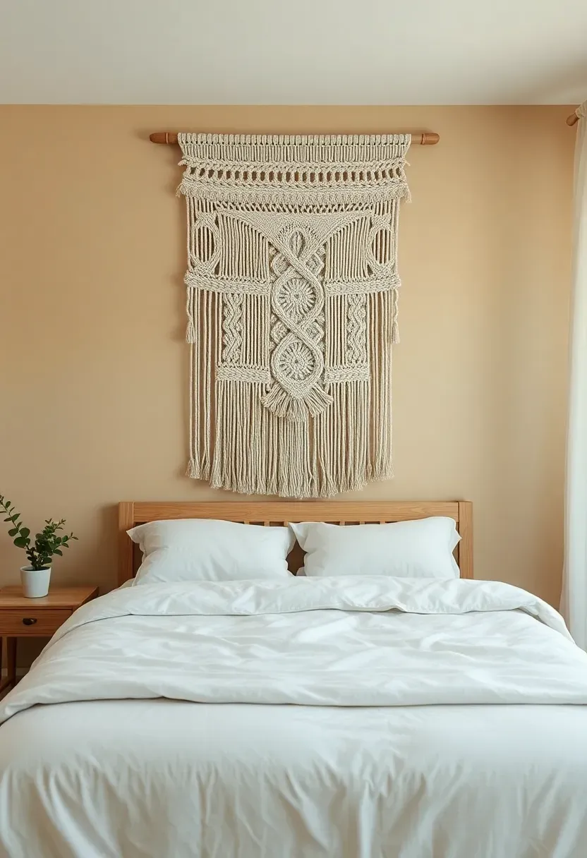 Suspended macrame focal point above bed