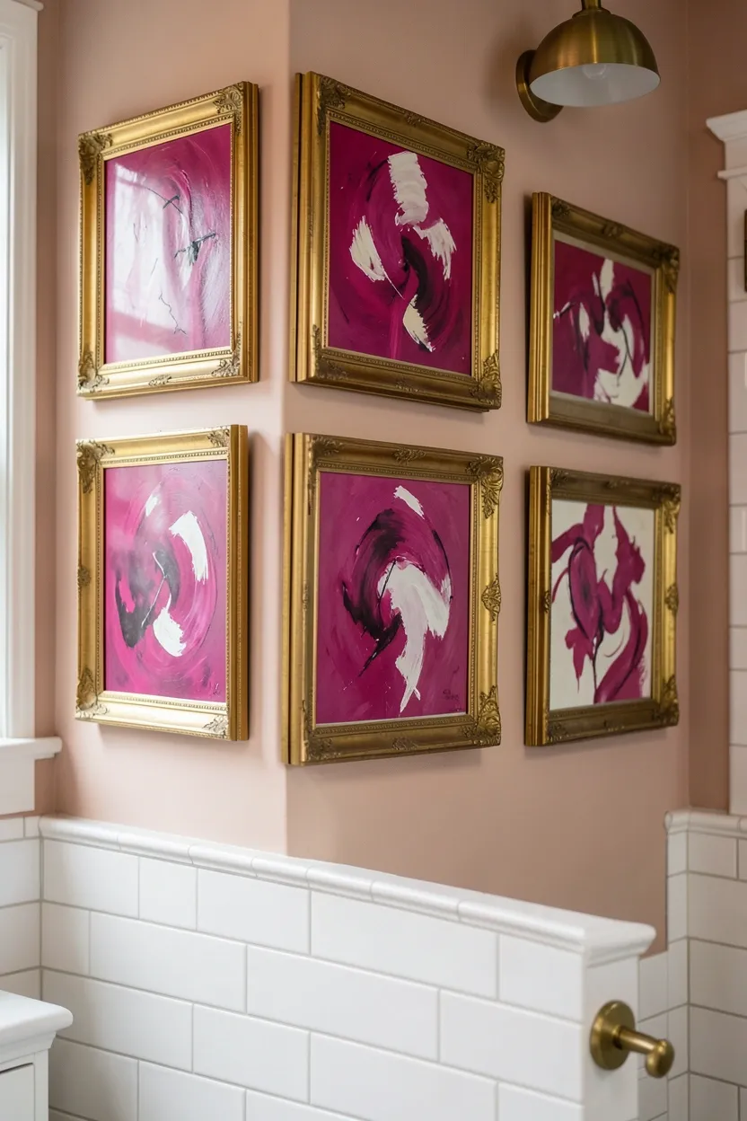 Magenta abstract art prints in gold frames grouped on white bathroom wall above towel rail in rental apartment