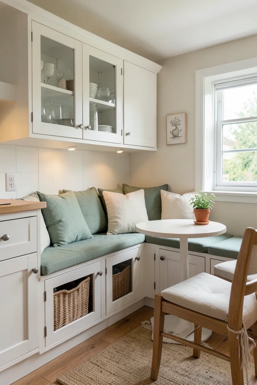 Built-in banquette seating with linen cushions and under-seat storage in a small cottage kitchen dining nook
