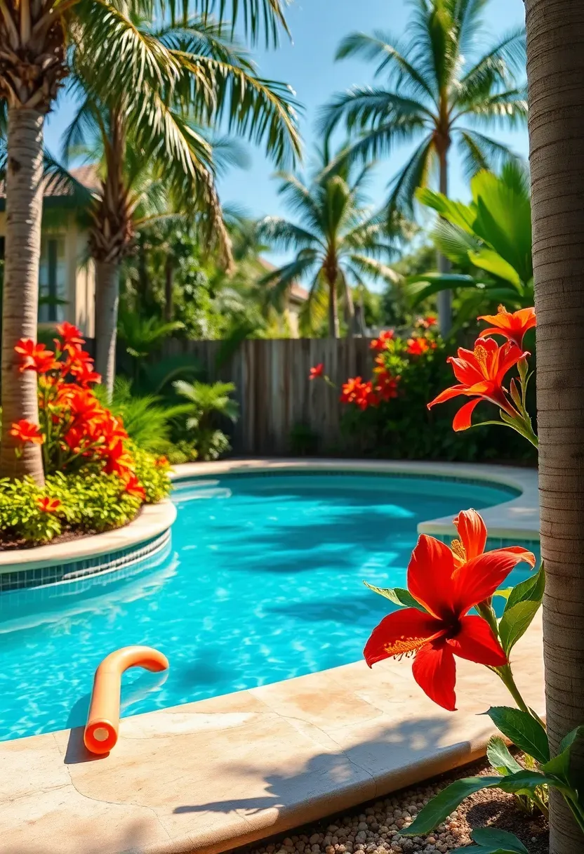 Resort-style backyard pool area bordered by lush tropical plantings including palms, hibiscus, and bird of paradise with natural stone coping