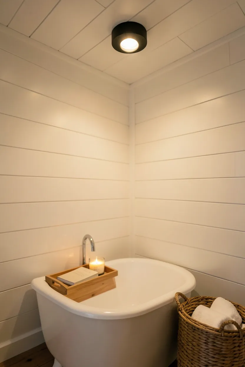 Modern vanity light bar with warm LED bulbs above bathroom mirror, replacing dated overhead lighting in a rental apartment