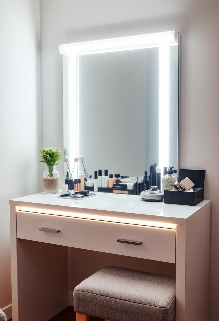 modern vanity featuring LED strip lighting creating perfect illumination for makeup application
