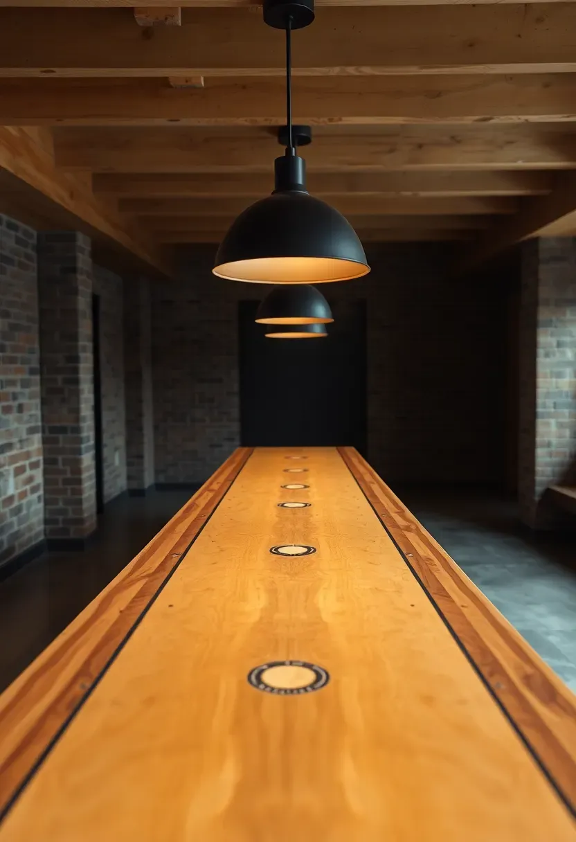 long basement shuffleboard table with wooden playing surface and overhead linear pendant light