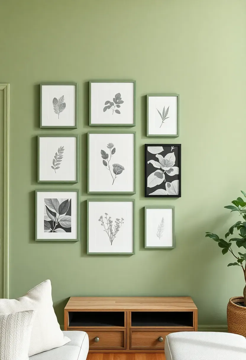 Hyper-realistic view of sage green living room wall featuring minimalist gallery arrangement — framed botanical prints in sage green frames, black and white photos, negative space between pieces, simple furniture below. Materials: sage green painted frames, various artwork, sage walls. Natural light, curated serene mood. Gallery as subtle visual interest, shallow depth of field, no text, no logos.</p>