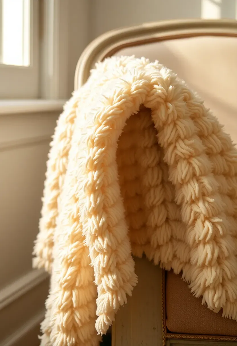 Soft chenille throw blanket draped over vintage chair in neutral tones