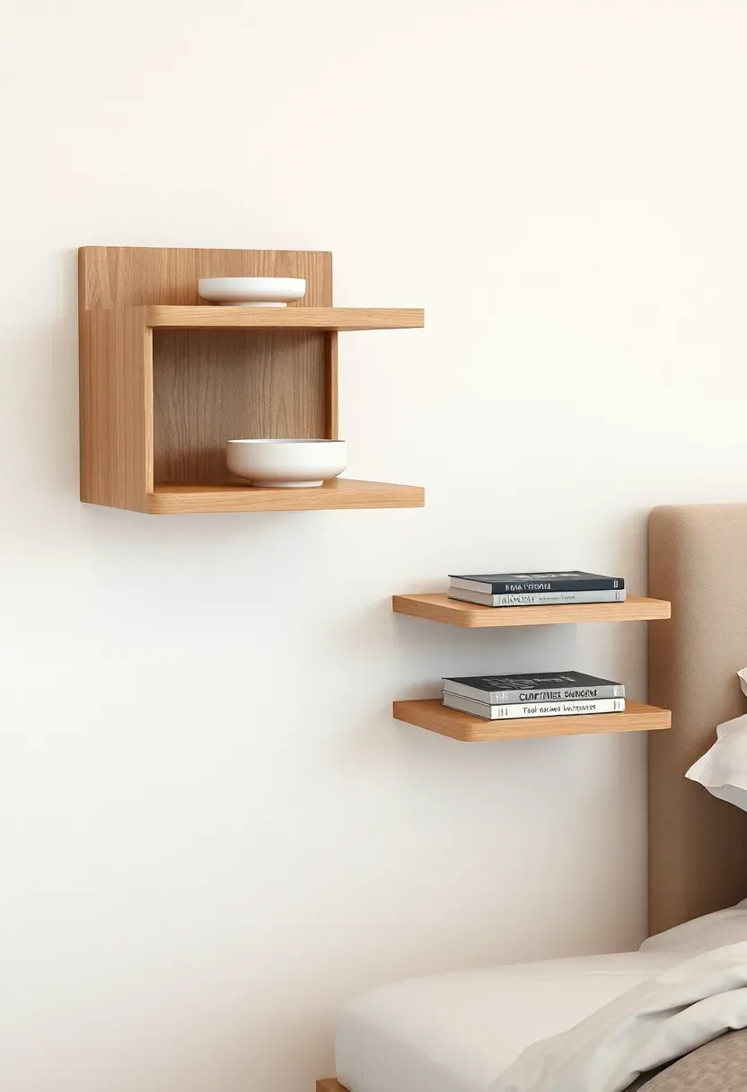 Floating light oak nightstands with minimal ceramic styling