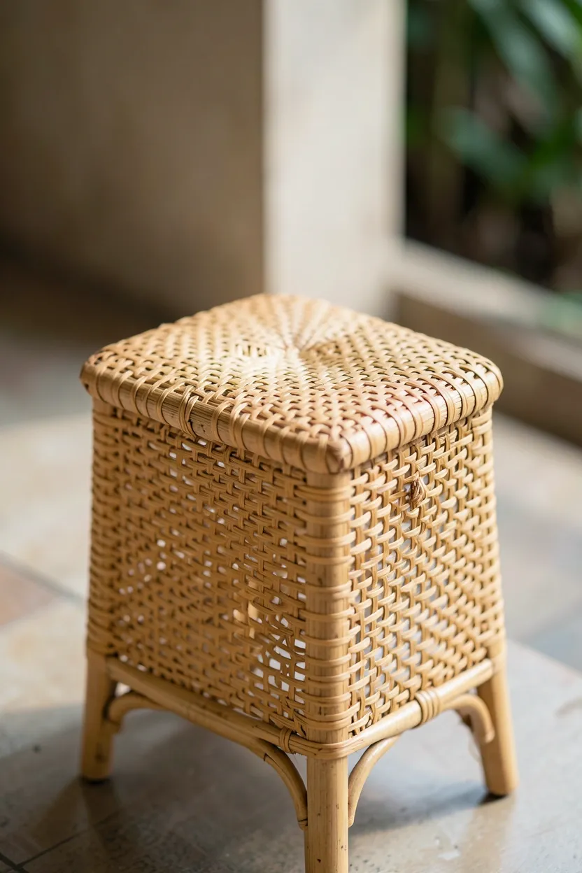 Handwoven bamboo stool with natural amber tones beside a freestanding bathtub in a calm wabi-sabi bathroom