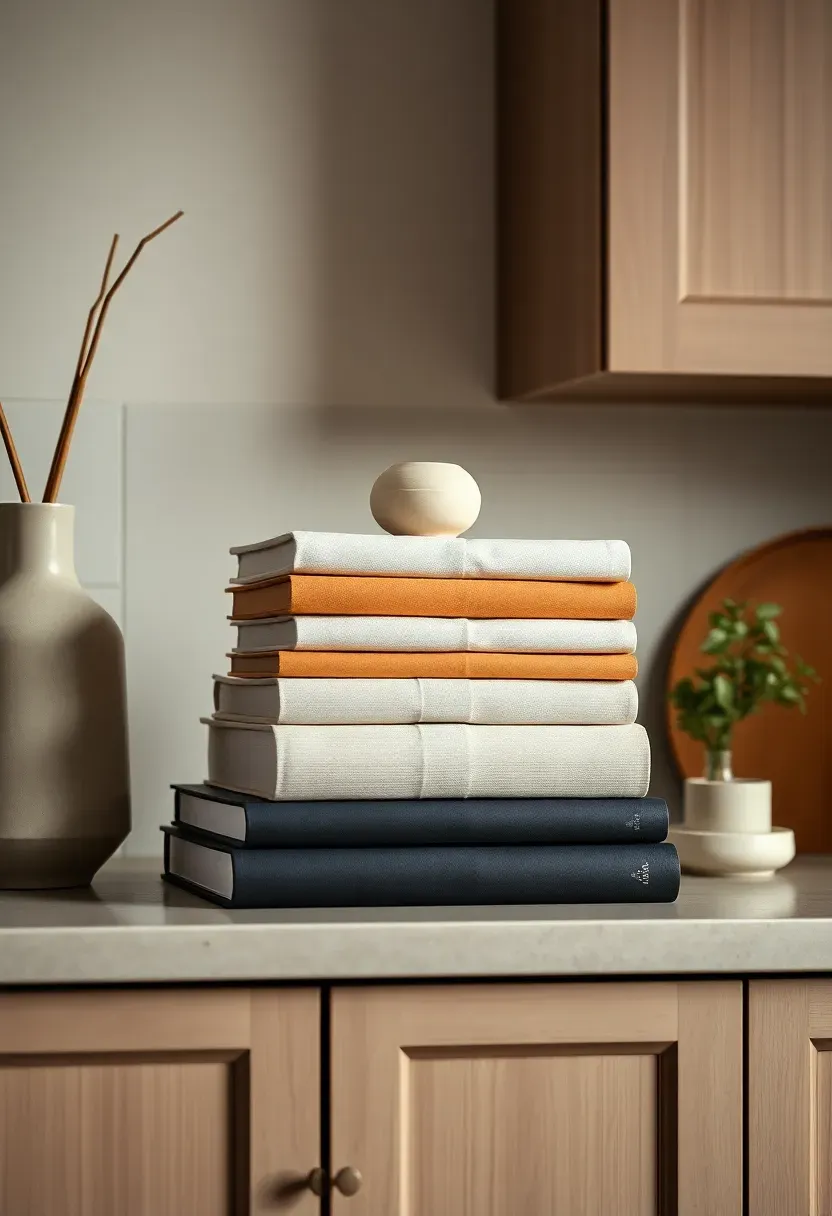 Stacked linen-covered books above kitchen cabinets with ceramic accent