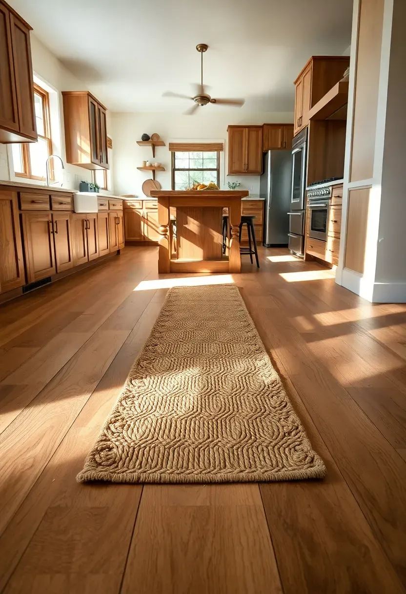 Hyper-realistic eye-level photograph of warm oak wide-plank flooring in a rustic kitchen. Wide planks in natural oak with visible grain, slight variation in color, small knots and natural character marks. Runner rug in natural jute with braided texture visible in center aisle, slightly worn from foot traffic. Reclaimed wood cabinets along walls, butcher block island with vintage stools. Creamy white walls. Natural light from windows casting shadows across floor, highlighting wood grain and rug texture. Materials: natural oak plank, jute rug, reclaimed wood, walnut. Warm cozy rustic mood. Visible kitchen context - cabinets, island, all flooring showing continuous wood with rug definition. Small food crumbs near island showing recent cooking. No text, no logos, no watermarks. Negative prompt: 