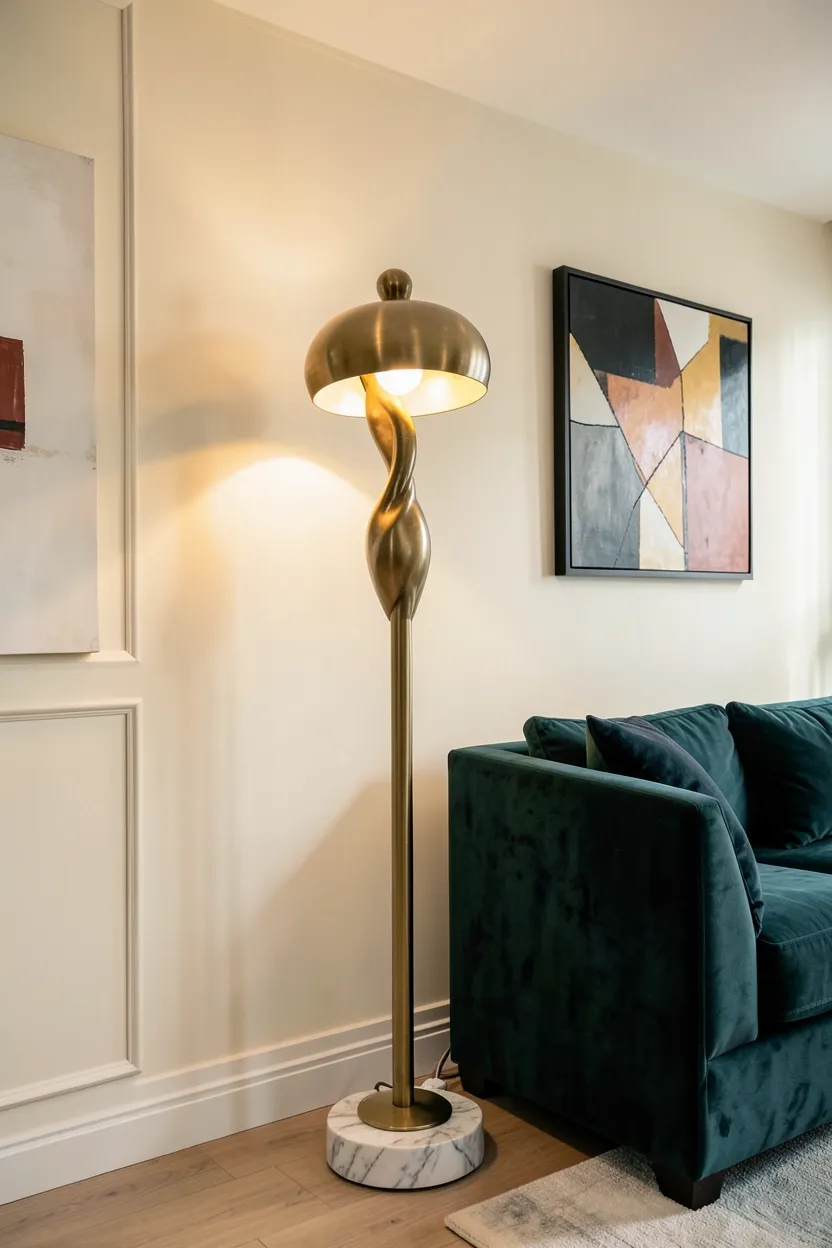 Sculptural brass arc floor lamp with a drum shade standing beside a tufted linen sofa in a modern luxury living room corner