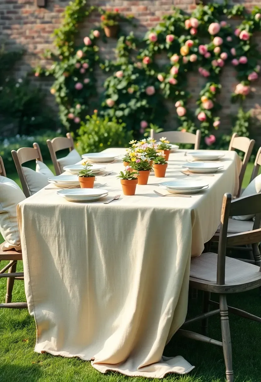 outdoor Easter lunch table in a garden with natural greenery climbing roses and linen