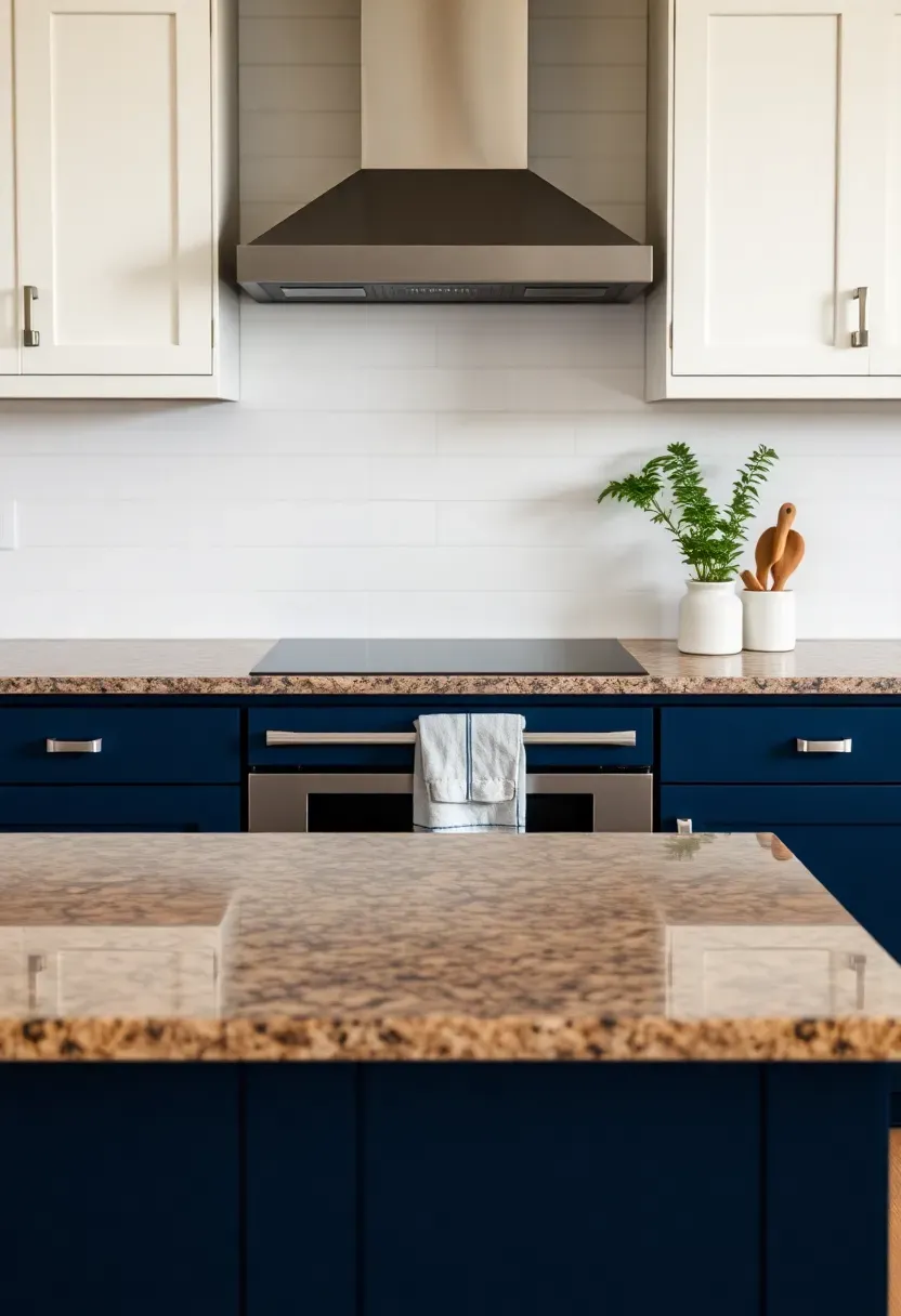 soft white shiplap-style ceramic tile backsplash with horizontal planks above fantasy brown granite countertop and navy lower cabinets