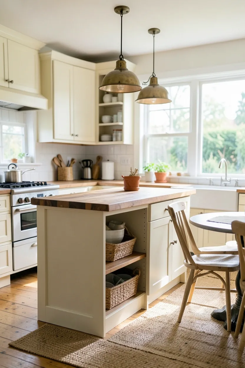 Compact movable kitchen island on casters with open shelving and drawers in a small cottage kitchen — extra prep and storage