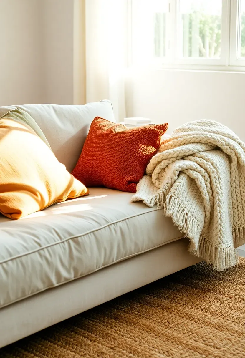 Sofa styled with layered cushions in two tones and a chunky knit throw folded over one arm, on a jute rug with a smaller woven layer on top