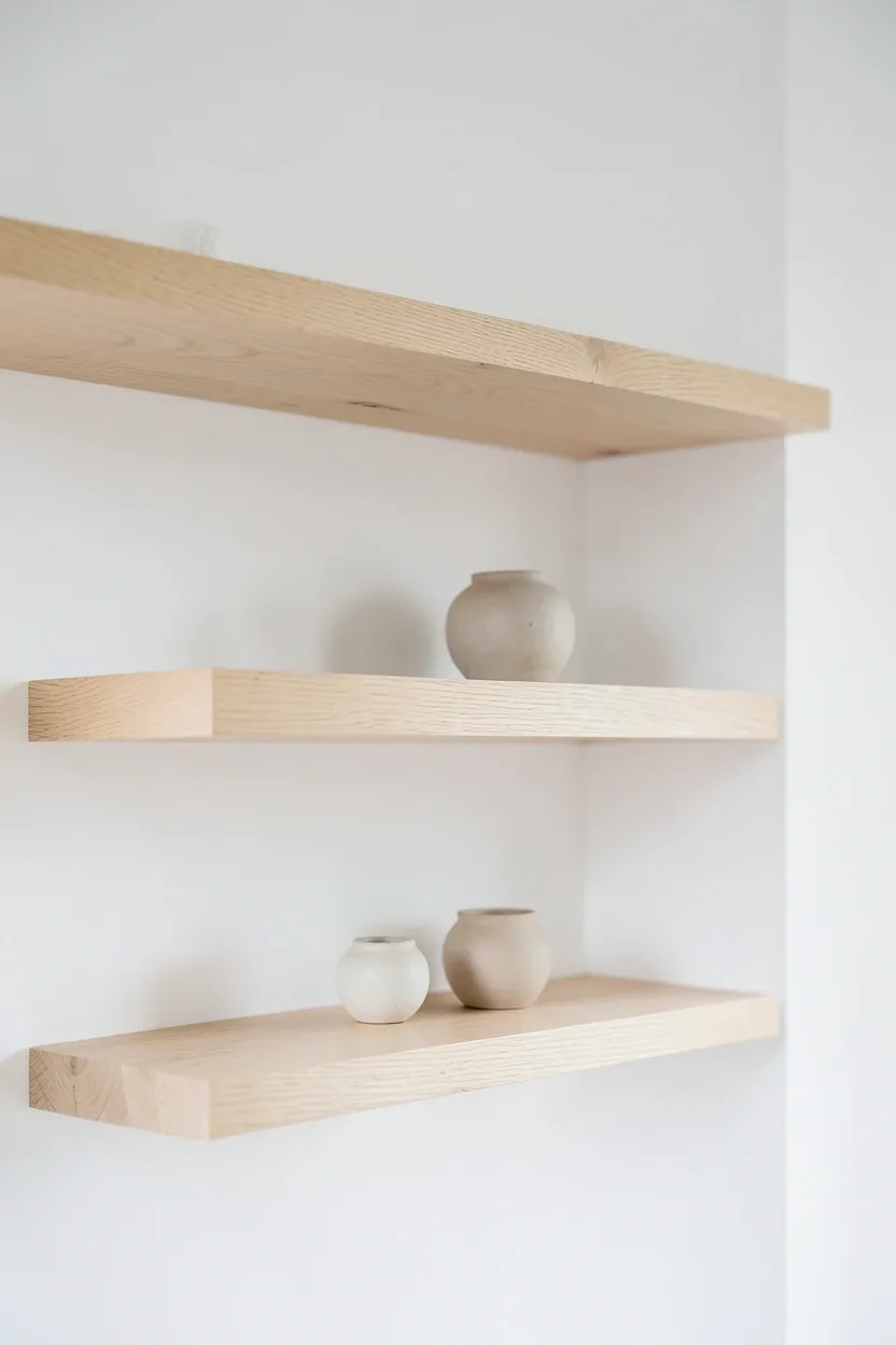White floating shelves with a few curated ceramic objects and small plants in a minimalist rental living room