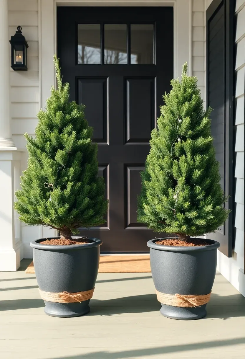 Hyper-realistic wide shot of a front porch with two matching potted evergreen trees flanking a dark wood front door. Dwarf Alberta spruce trees in conical shape stand 4 feet tall, planted in charcoal gray ceramic planters wrapped at the base with burlap and tied with twine. Each planter contains white fairy lights woven through the lower branches. Porch has painted wood floors in sage green and white wainscoting. Soft morning daylight with long shadows. Visible white house facade with black shutters and brass door hardware. No text, no logos, no watermarks.</p>