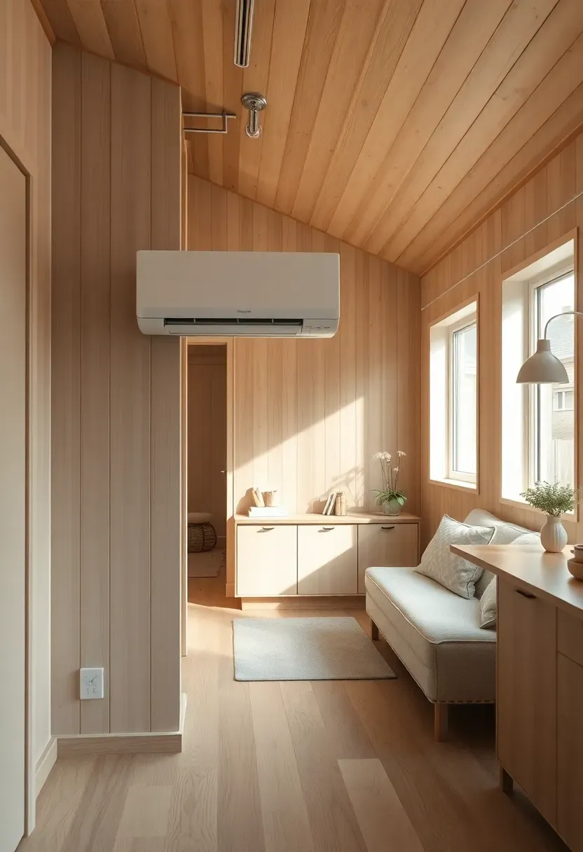 Hyper-realistic 3/4 view of tiny house interior showing wall-mounted mini-split heat pump unit. Materials: white matte plastic indoor unit, light wood wall paneling, light oak floor, modern minimalist furnishings. Soft warm ambient light, clean contemporary Scandinavian-inspired tiny house design with neutral beige and cream tones. Efficient modern heating mood with focus on technology. Shallow depth of field, sharp details on heat pump unit and digital display, visible tiny house living space context with sofa and small dining area. No text, no logos, no watermarks.</p>
