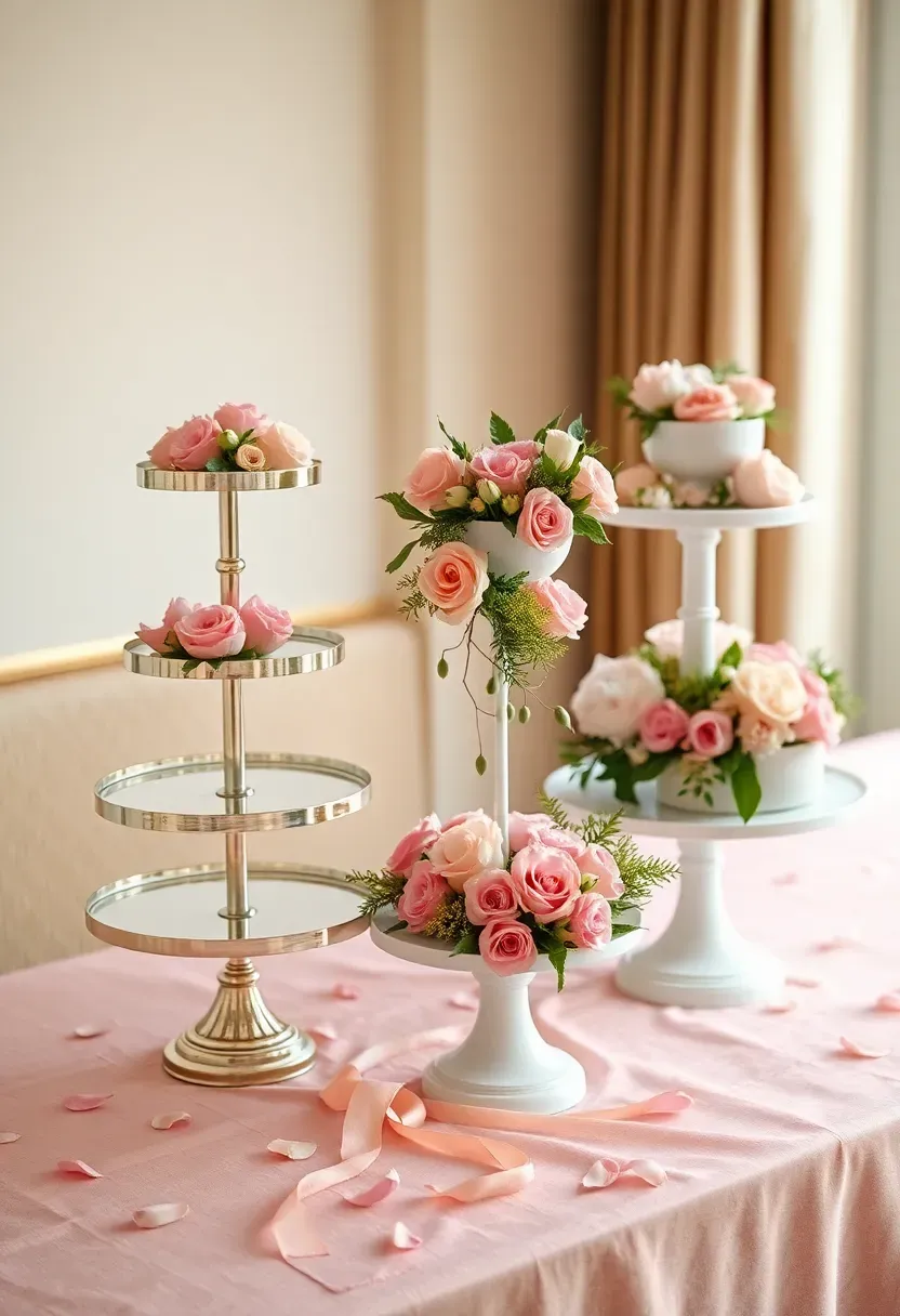 Tiered cake stand flower display bar with small blooms arranged on silver and white cake stands at a bridal shower