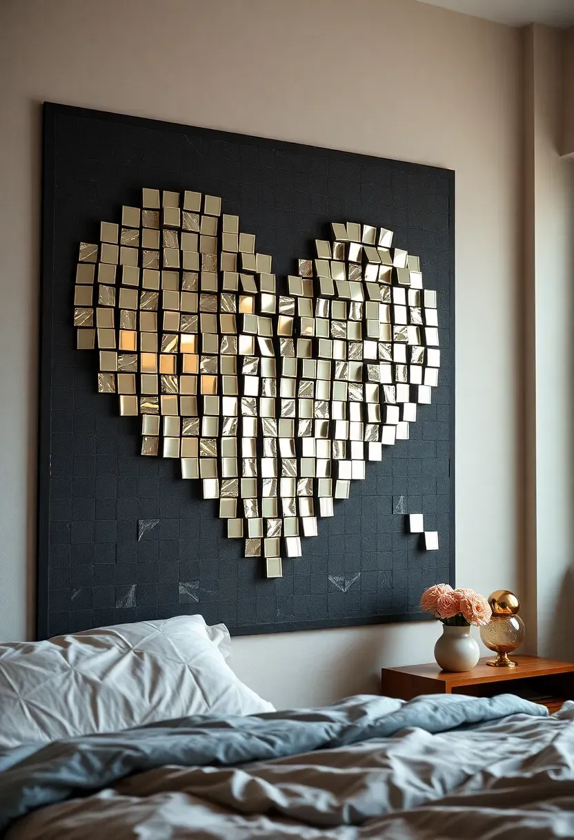 DIY mirror mosaic wall art panel on a teen bedroom wall, small reflective tiles arranged in a geometric star pattern